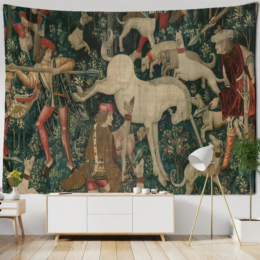Psychedelic gold peacock decorbites cute skeleton tapestry with medieval figures and animals on dark green background wall hanging