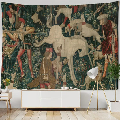 Psychedelic gold peacock decorbites cute skeleton tapestry with medieval figures and animals on dark green background wall hanging