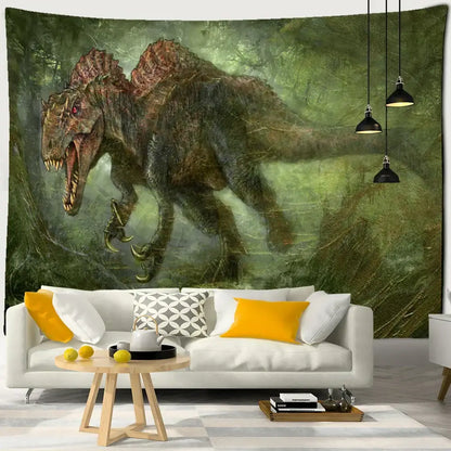 Green-toned decorbites cute skeleton tapestry featuring a fierce spinosaurus with red eyes and sharp teeth wall hanging