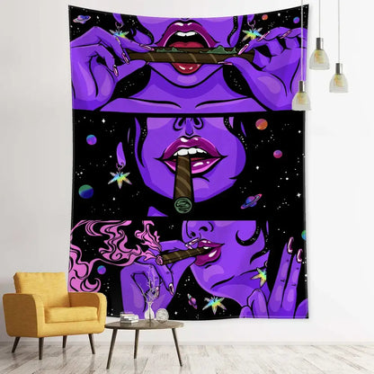 Psychedelic green star girl tapestry with purple and black lips smoking cannabis against cosmic stars wall decor