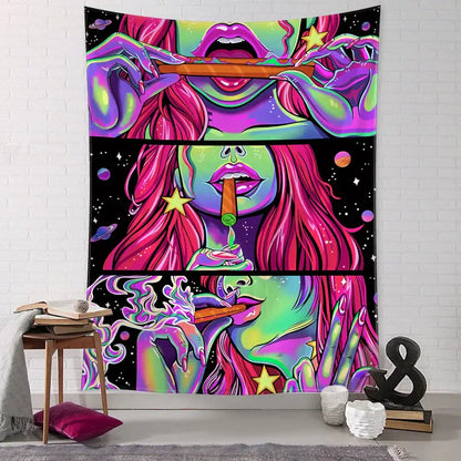Vibrant psychedelic tapestry featuring a green star girl with pink hair against a cosmic star and planet backdrop