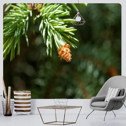 A geometric wireframe pendant light with a clear bulb complements decorbites forest view tapestry bedroom wall decor