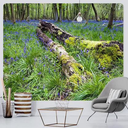 Psychedelic moss green forest view tapestry with moss covered log and bluebells for decorbites forest view wall decor