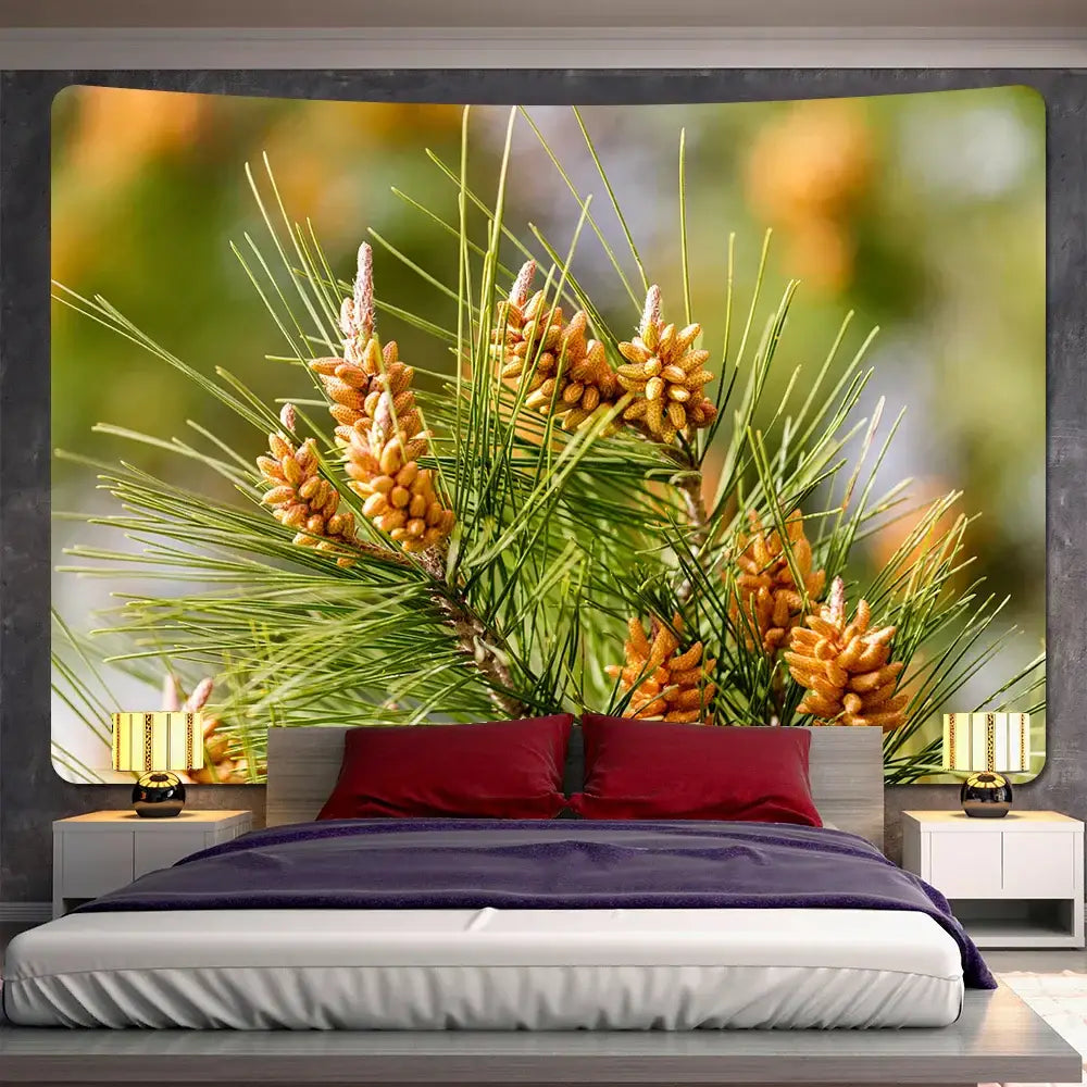 A vibrant decorbites forest view tapestry with green foliage and golden-brown pine cones for bedroom wall decor