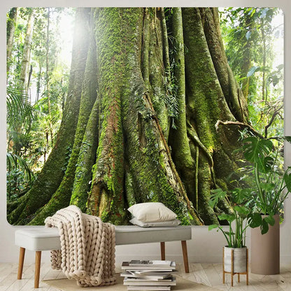 Psychedelic moss green forest view tapestry featuring moss covered jungle tree bark for decorbites forest view decor