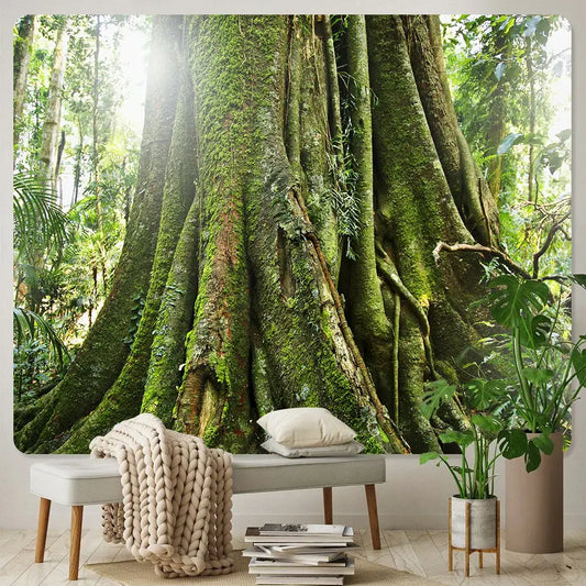Psychedelic moss green forest view tapestry featuring moss covered jungle tree bark for decorbites forest view decor