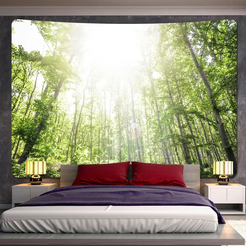 Psychedelic moss green forest view tapestry featuring vibrant tall trees and sunbeams with a dark border decorbites forest view decorbites forest
