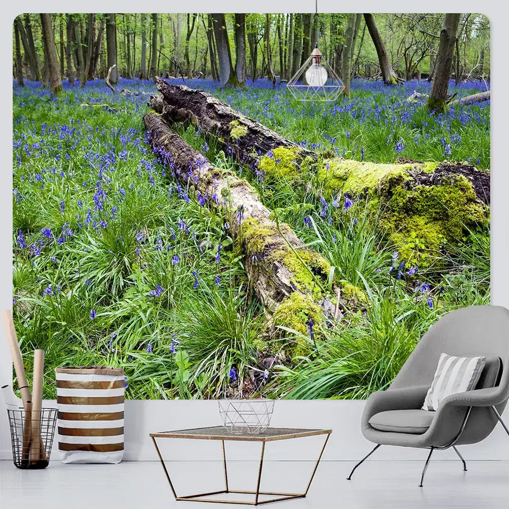 Psychedelic moss green forest view tapestry featuring a vibrant moss-covered log and bluebells for decorbites forest view decor