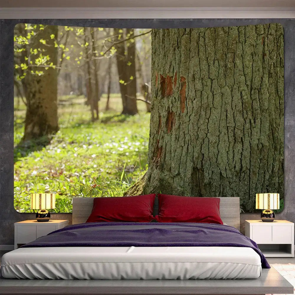 Psychedelic moss green forest view tapestry featuring a textured tree trunk with mossy bark decorbites forest view decorbites forest