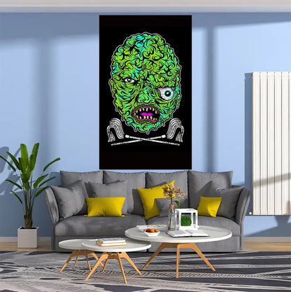 A vibrant green stylized zombie head horror popping art tapestry with glowing eye and crossed bones for decorbites decorbites horror popping