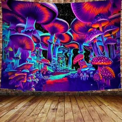 Psychedelic neon illusory mushroom art tapestry featuring vibrant purple red and blue fungi for bedroom wall hanging decorbites illusory mushroom