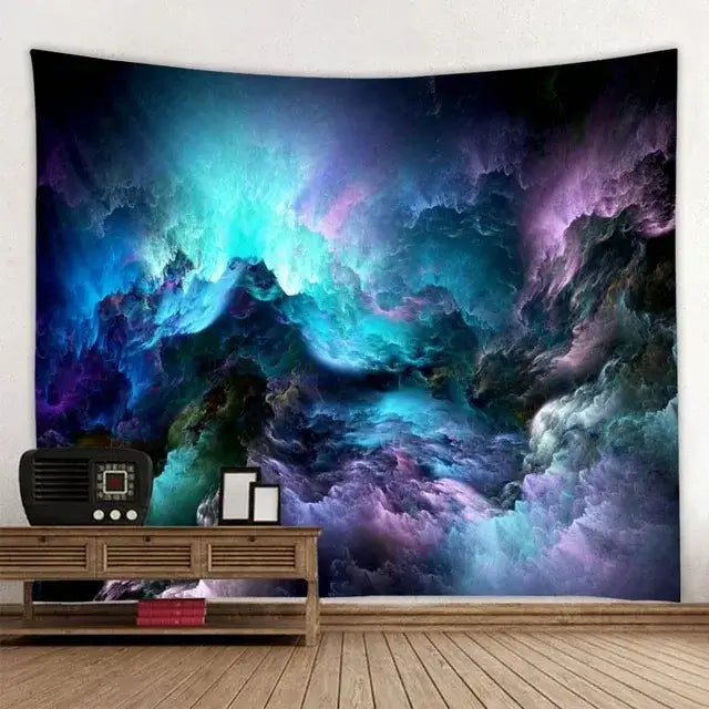 Vibrant psychedelic neon illusory mushroom art tapestry with teal purple and black hues for bedroom decorbites decor