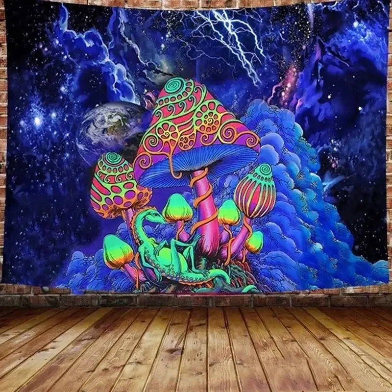Psychedelic neon illusory mushroom art tapestry featuring vibrant pink green and blue mushroom art decorbites wall hanging