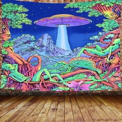 Psychedelic neon illusory mushroom art tapestry featuring vibrant flying saucer and alien designs for bedroom wall decorbites