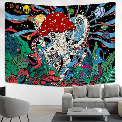 Vibrant psychedelic abstract mushroom tapestry wall hanging featuring a red-capped mushroom octopus with planets and jungle decorbites abstract mushroom