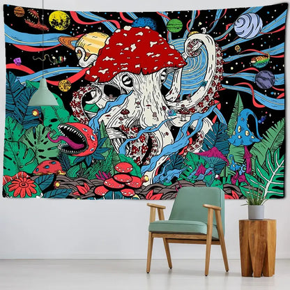 Vibrant psychedelic abstract mushroom tapestry wall hanging featuring a red-spotted octopus mushroom and colorful planets