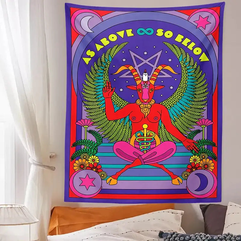 Psychedelic red baphomet tarot witchcraft tapestry wall featuring a winged goat figure on striped steps with cosmic backdrop