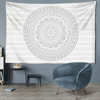 A white grey mandala tapestry featuring a detailed intricate grey mandala design for bedroom wall decorbites decor
