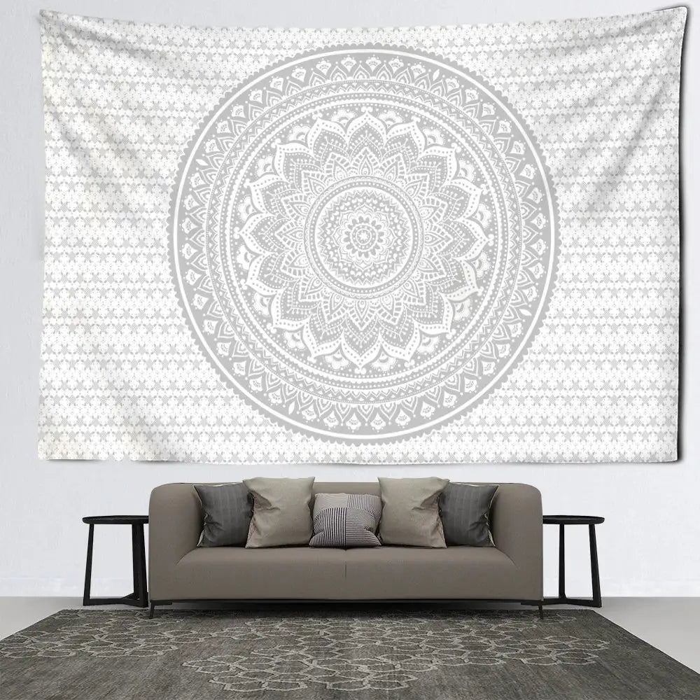 A white and grey mandala tapestry with intricate concentric patterns perfect as decorbites grey mandala wall art