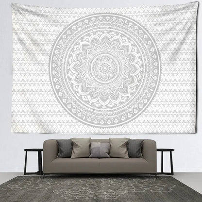 A white and grey mandala tapestry with intricate concentric patterns perfect as decorbites grey mandala wall art