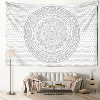 A white and grey mandala tapestry with intricate circular patterns serves as decorbites grey mandala bedroom wall art