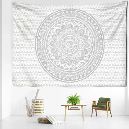 White and grey mandala tapestry with intricate symmetrical patterns as decorbites grey mandala bedroom wall art