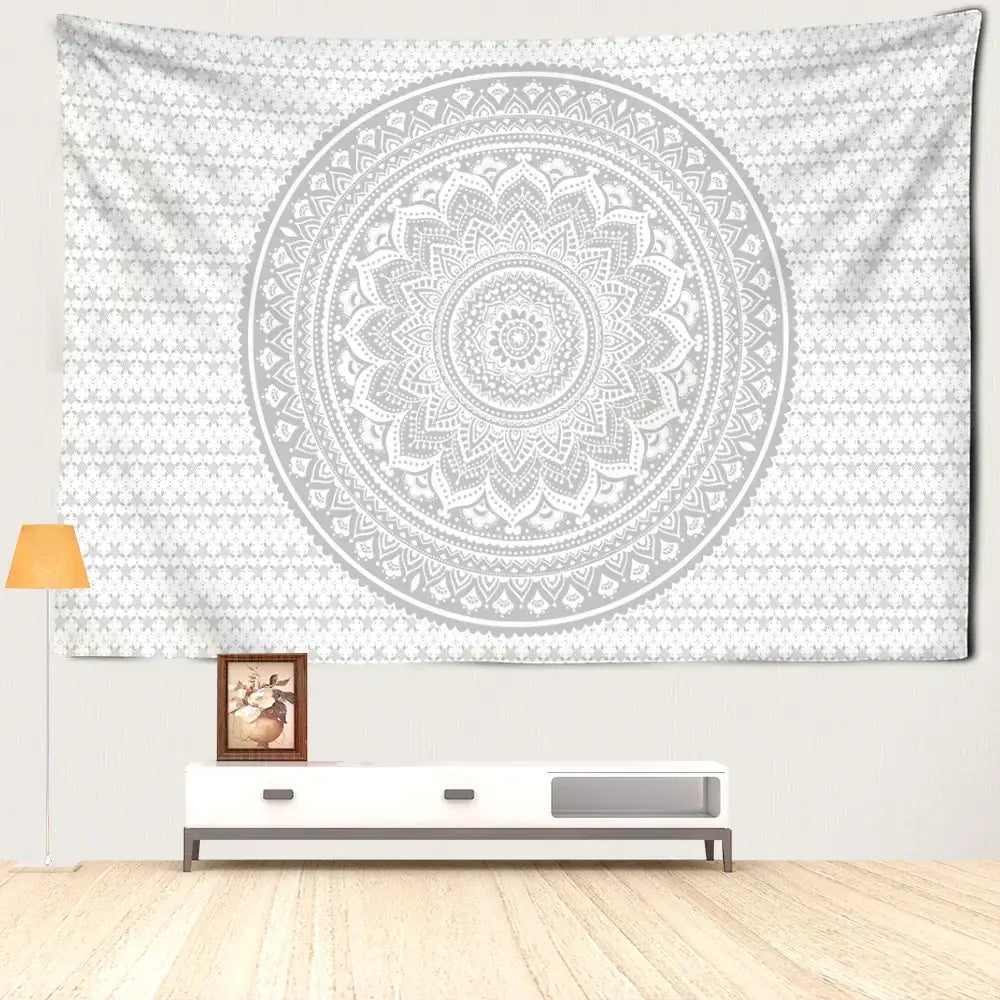 Psychedelic white and grey mandala tapestry with intricate symmetrical patterns perfect for bedroom wall decorbites grey mandala