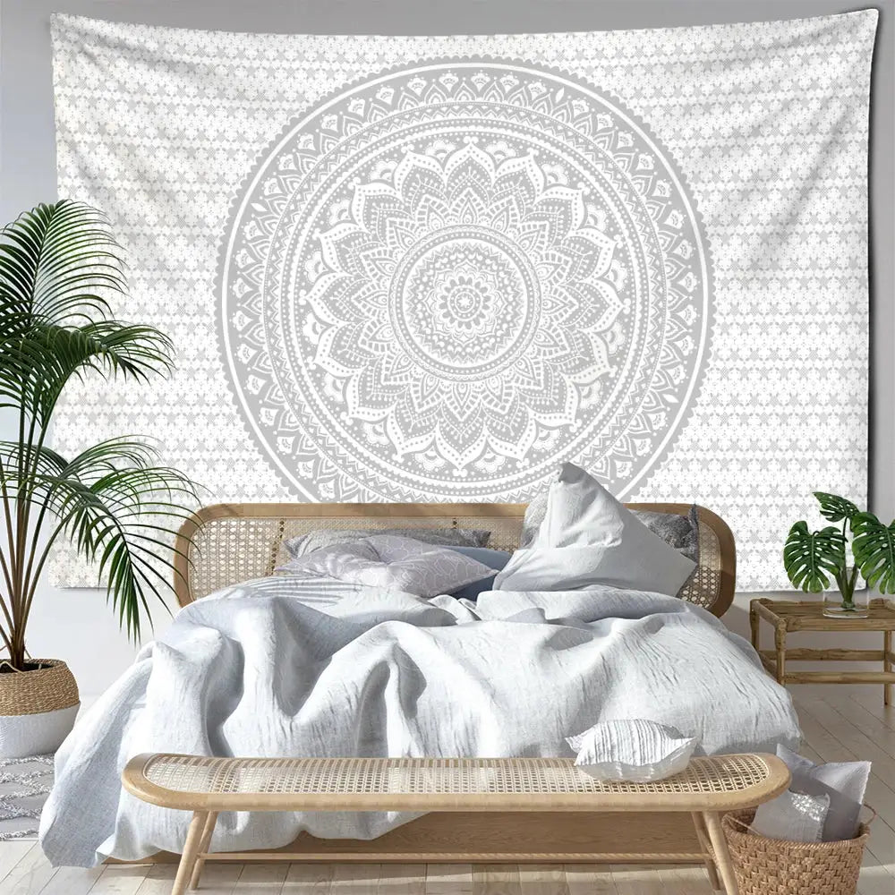 White mandala tapestry with intricate grey geometric patterns decorbites grey mandala wall art decorbites grey mandala tapestry