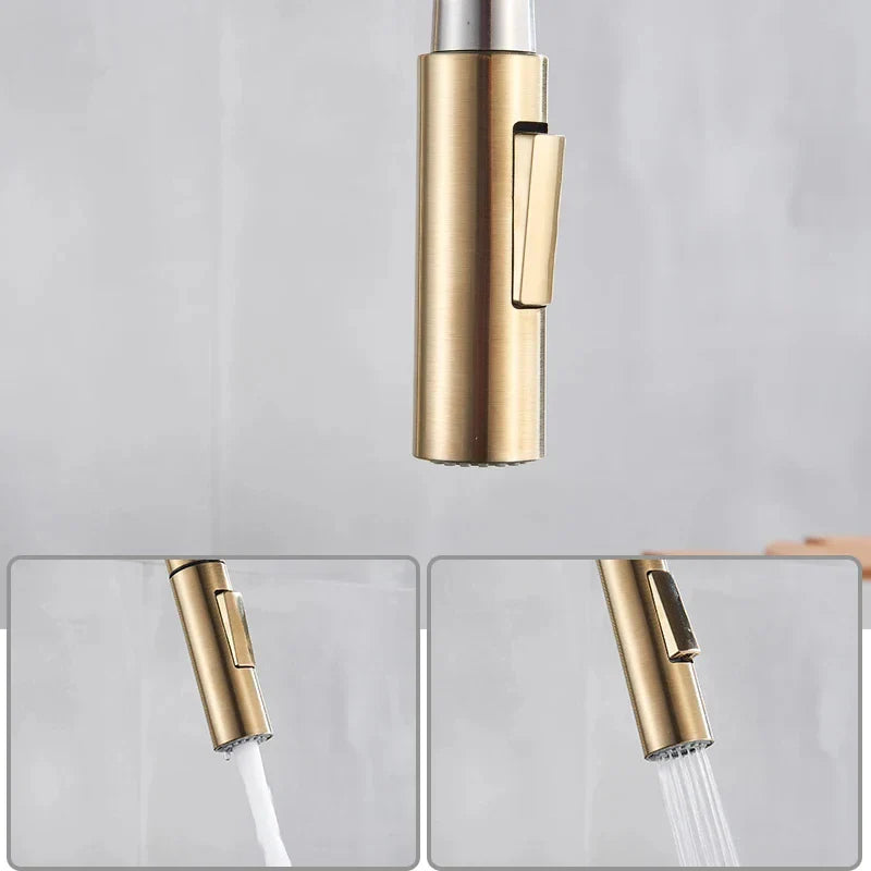 Gold-toned single hole pull down kitchen mixer tap with 360 rotation and brushed metal finish for hot water use