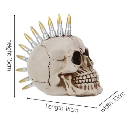 Detailed beige resin skull head with a spiked mohawk made of silver and gold-tipped bullet casings for living room decor
