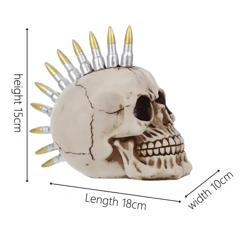 Detailed beige resin skull head with a spiked mohawk made of silver and gold-tipped bullet casings for living room decor