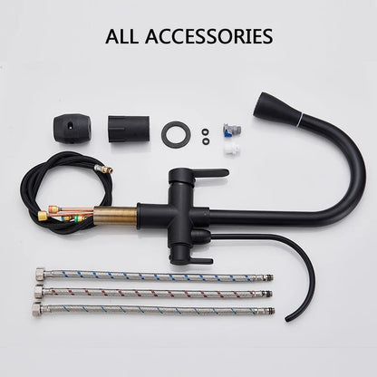 Black matte finish purification water kitchen faucet with brass accents stainless steel single hole dual handles and curved spout