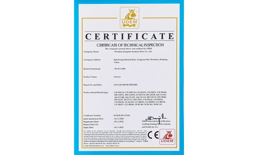 White certificate with blue border and gold lettering issued by udem for black stainless steel single hole purification water kitchen faucet