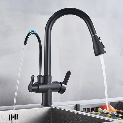 Black matte finish stainless steel kitchen faucet with dual spouts single hole pull-down spray head and 360° rotation