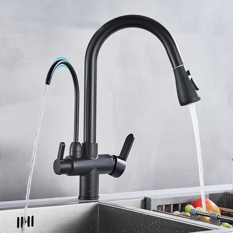 Black matte finish stainless steel kitchen faucet with dual spouts single hole pull-down spray head and 360° rotation