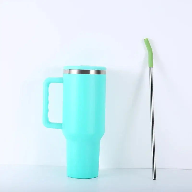 Turquoise insulated stainless steel sippy cup travel mug with silver rim handle and stainless steel straw with green tip