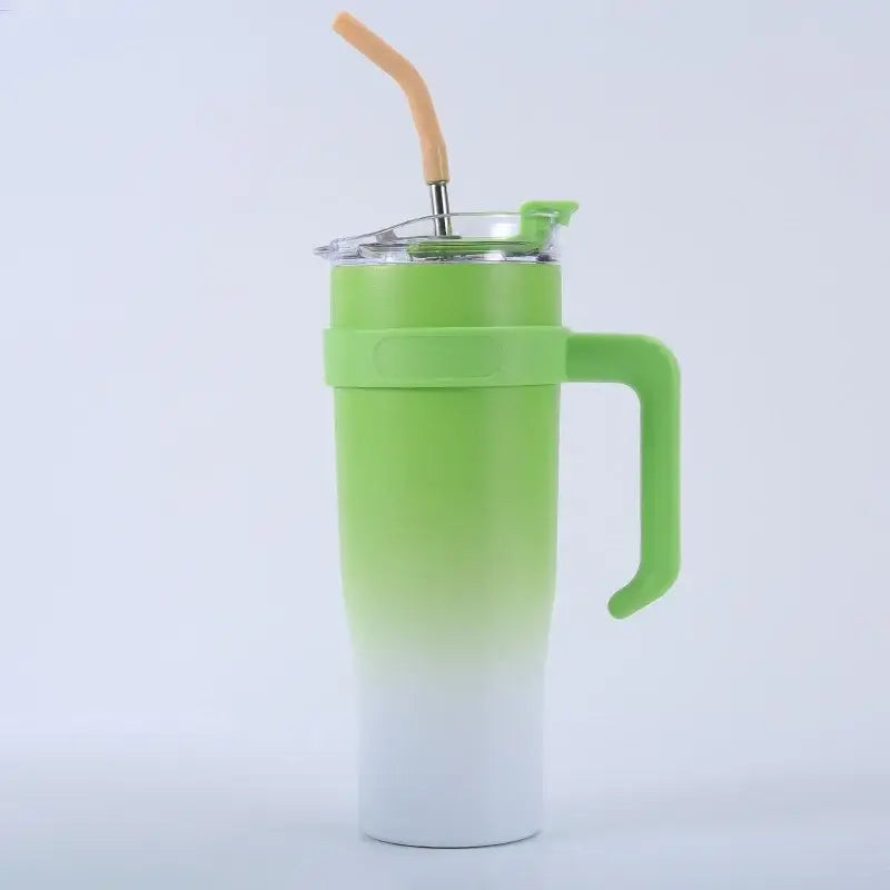 Vibrant lime green to white gradient insulated stainless steel sippy cup with matching handle and orange straw lid