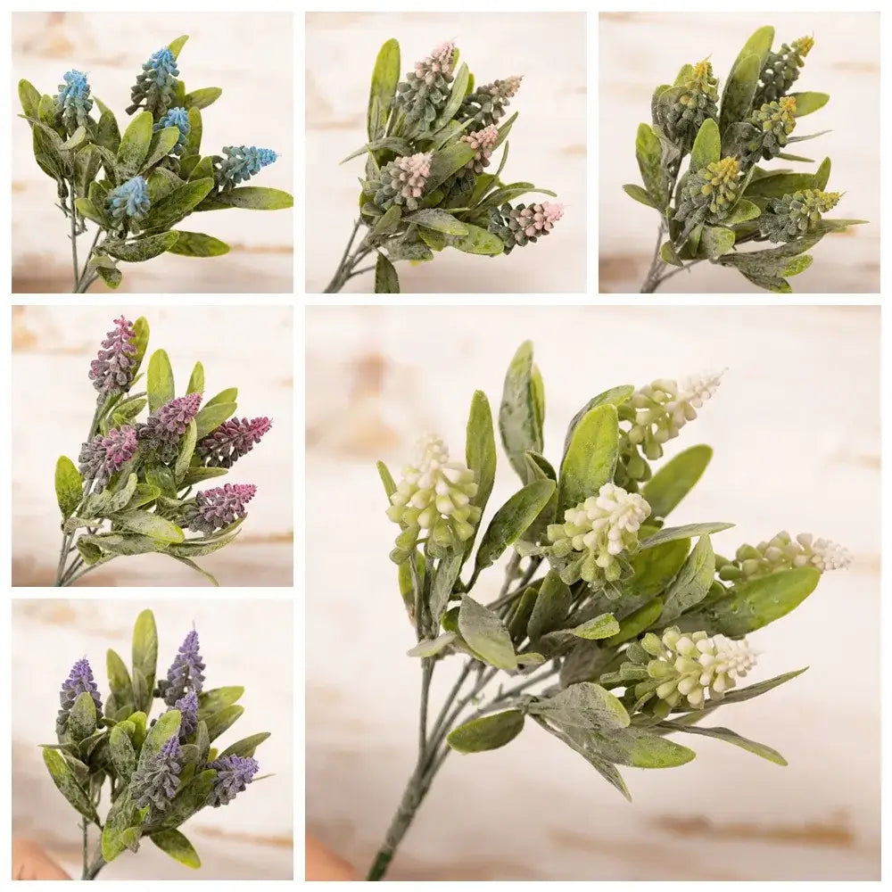 Purple and white lavender fake green plants bouquet with artificial grape hyacinth clusters and textured green leaves for decor