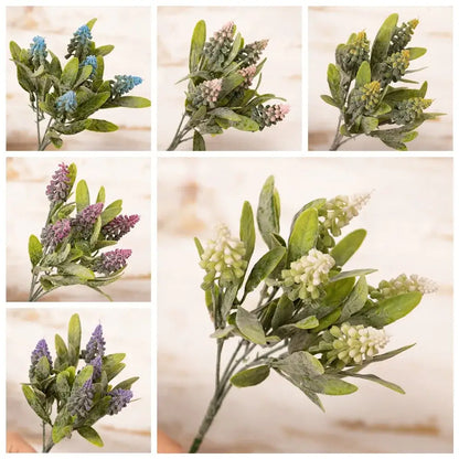 Purple and white lavender fake green plants bouquet with artificial grape hyacinth clusters and textured green leaves for decor