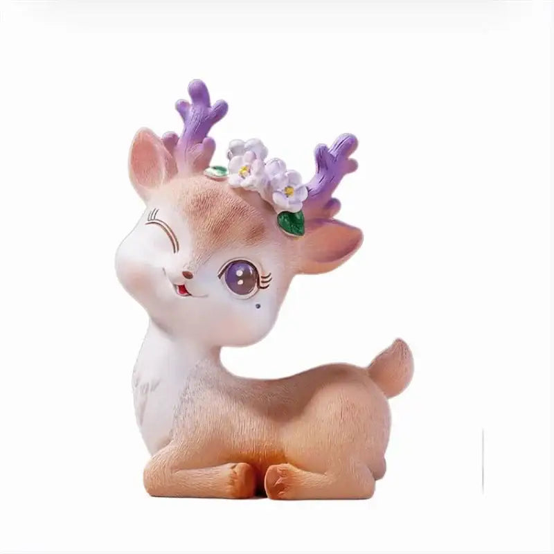 Cute beige cartoon sika deer resin figurine with purple antlers and floral decor for bedroom ornament