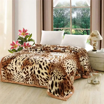 A plush leopard-print purple and cream double layer raschel blanket with soft fluffy texture for bedroom throw