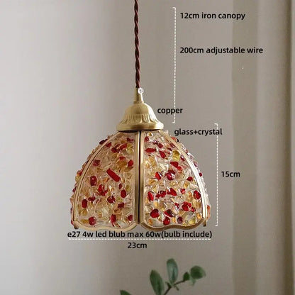 Purple mosaic crystal glass led pendant light with copper frame and red amber decorbites crystal glass shade for living room
