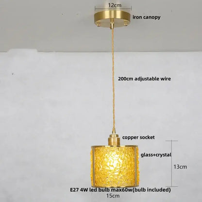 Golden glass and crystal pendant light with brass iron canopy and copper socket for decorbites crystal glass led lighting
