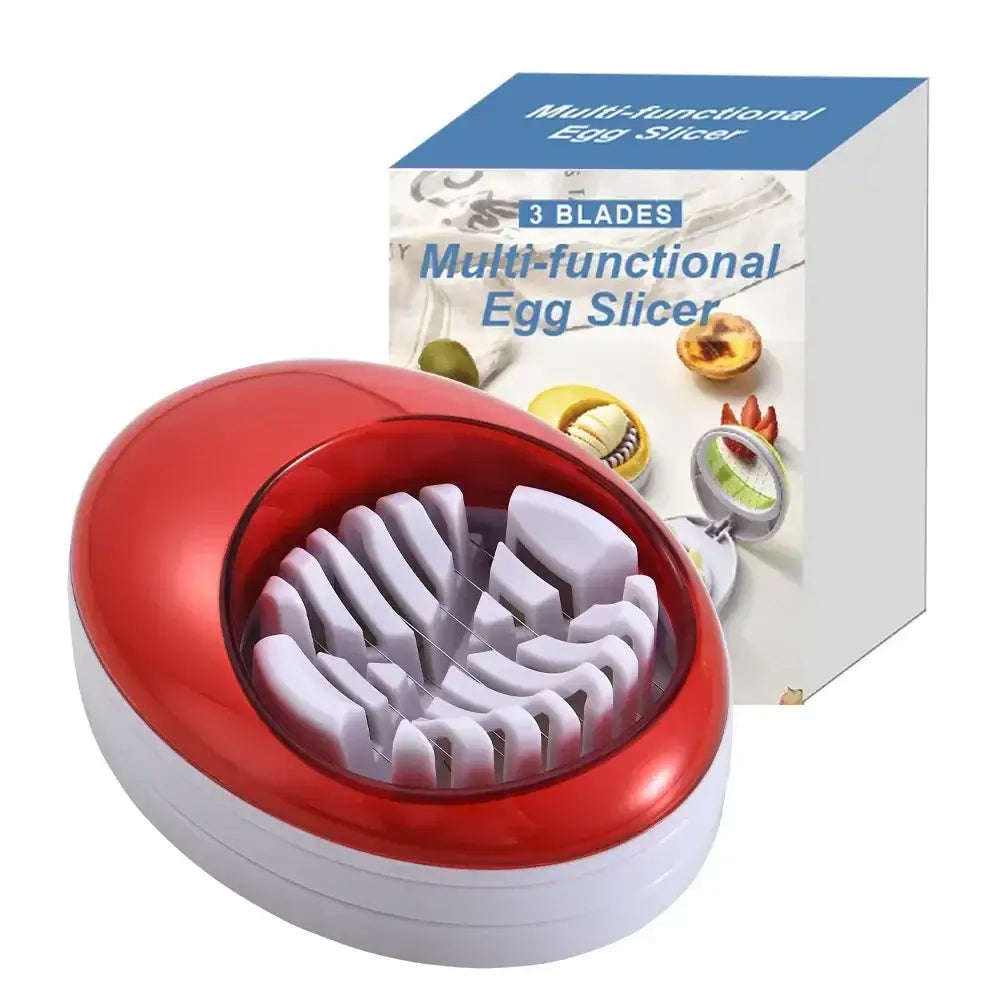 Red and white multifunctional egg cutter slicer with three blades for efficient kitchen use in the purple rotating blade egg cutter slicer series