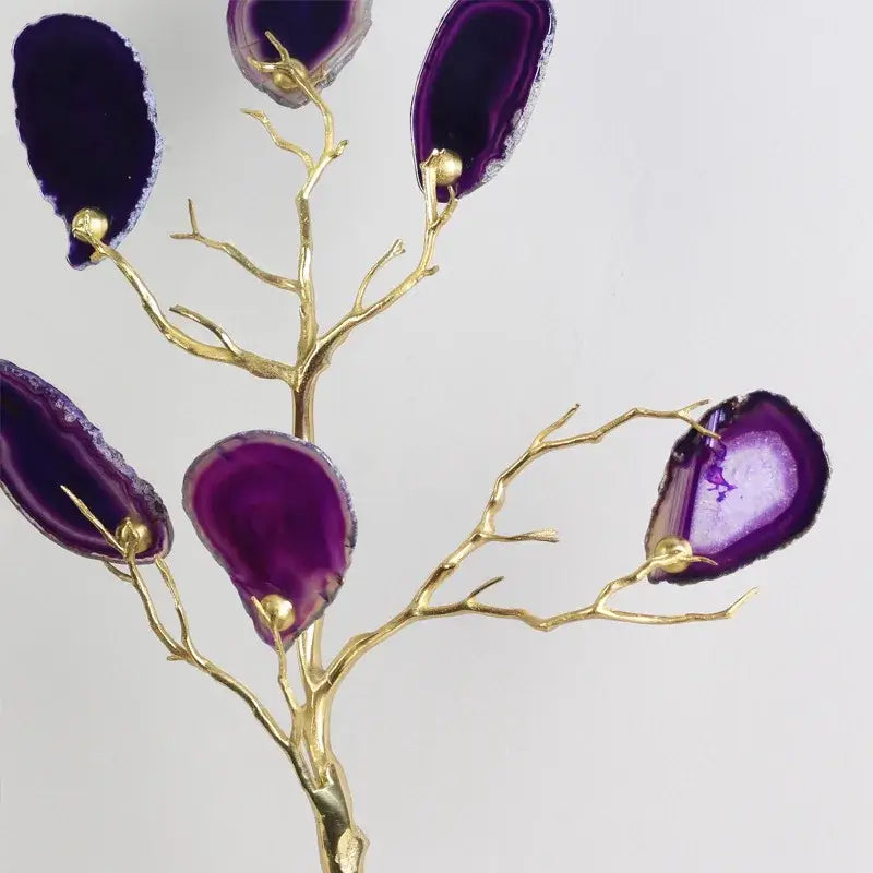 Decorative art piece featuring a golden agate tree with deep purple agate slices for living room decor