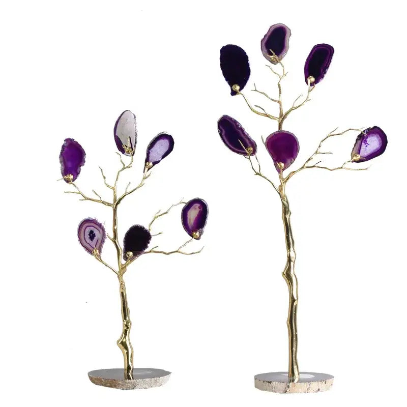 Elegant purple and teal golden agate tree art piece with gold-toned metal branches and bases for living room decor
