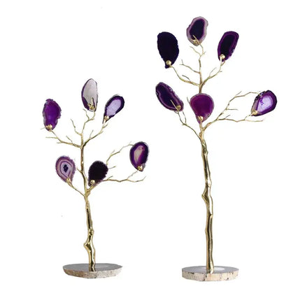 Elegant purple and teal golden agate tree art piece with gold-toned metal branches and bases for living room decor