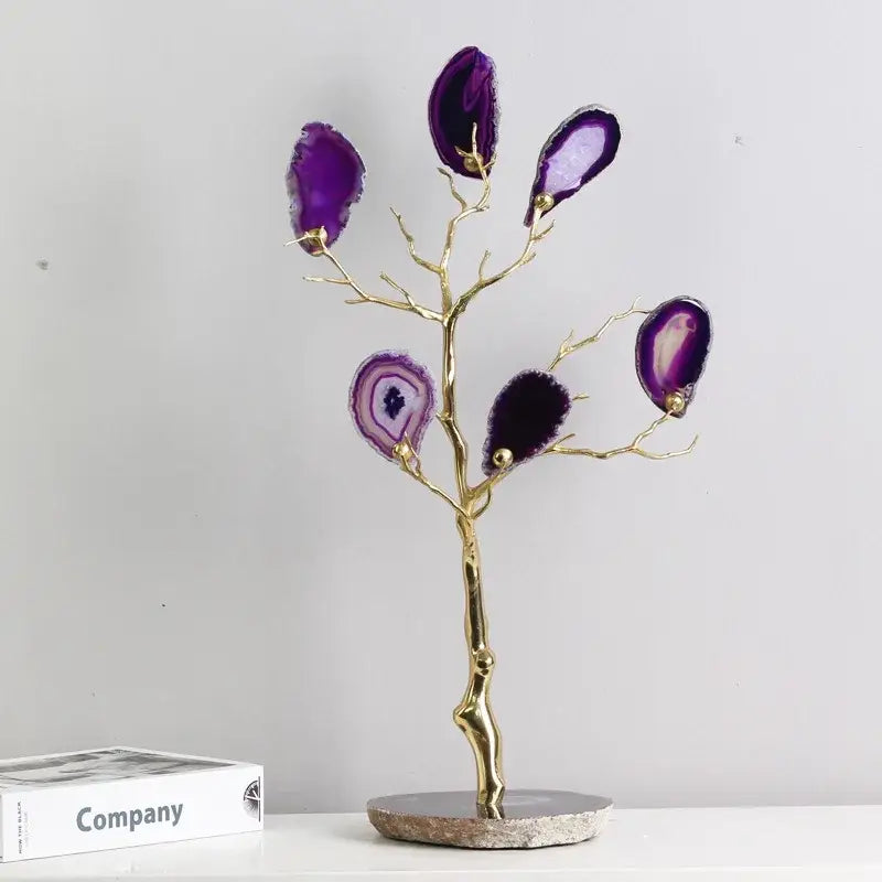 Purple and teal golden agate tree art piece with gold-toned metal branches and stone base for living room decor