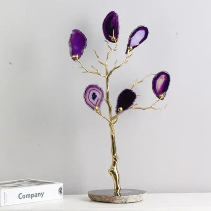 Purple and teal golden agate tree art piece with gold-toned metal branches and stone base for living room decor