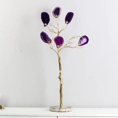 Purple and teal golden agate tree art piece with gold-toned metal branches and stone base for living room decor